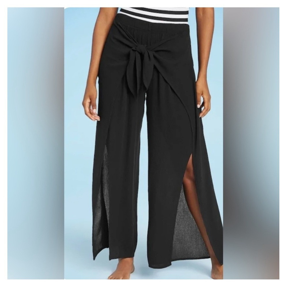 Kona Sol Swim Cover Up Pants Womens L Black Tie Front Side Slit Wide Leg Beach